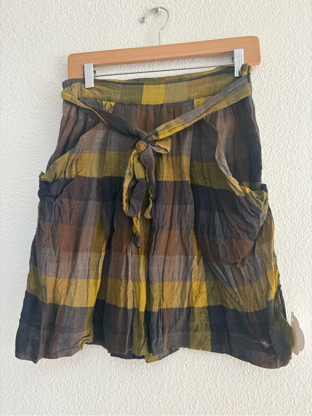 Plaid Tie-Waist A-Line Skirt in Mustard and Brown